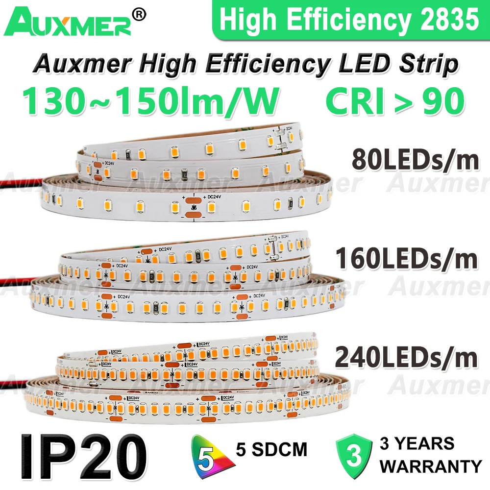Tira de luces LED de alta eficiencia, 130 ~ 150lm/W,CRI90, 2835LED de ahorro de energía, 240LED/m,160LED/m,80LED/m,DC12V,DC24V,IP20