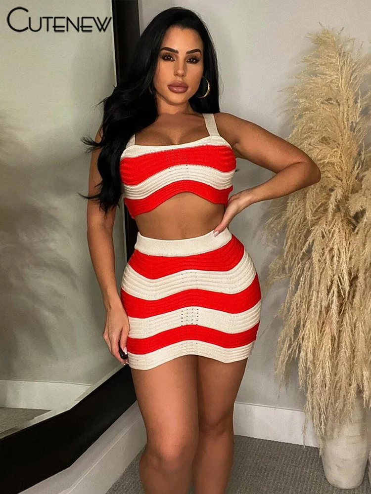 

Cutenew Women's Knit Two Pieces Set Spaghetti Strap Lace-up Camisole +Hip Slim Mini Skirt New Streetwear Female Dress Suit Hot