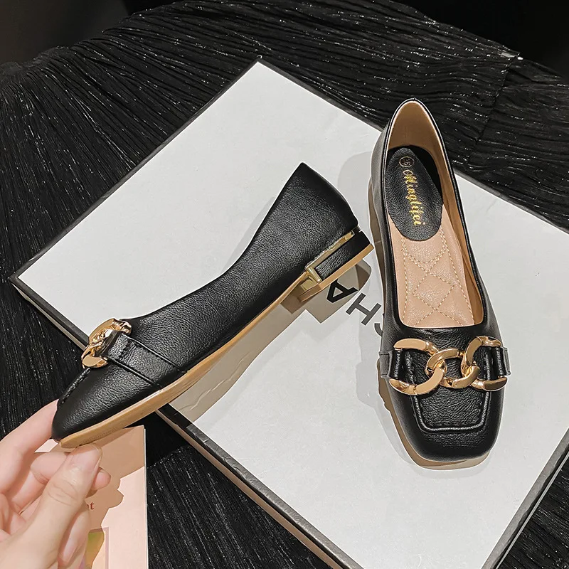 Plus Size 35-43 Women Low Heel Pumps Shoes Metal Buckle Decoration Flats Office Lady Slip on Leaher Loafers Spring Fashion M6-8