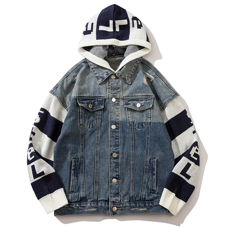 

Denim Jacket Coat Men Knitted Hooded Oversized Hip Hop Streetwear Vintage Fashion Jeans Windbreaker Korean Outwear Biker Jacket
