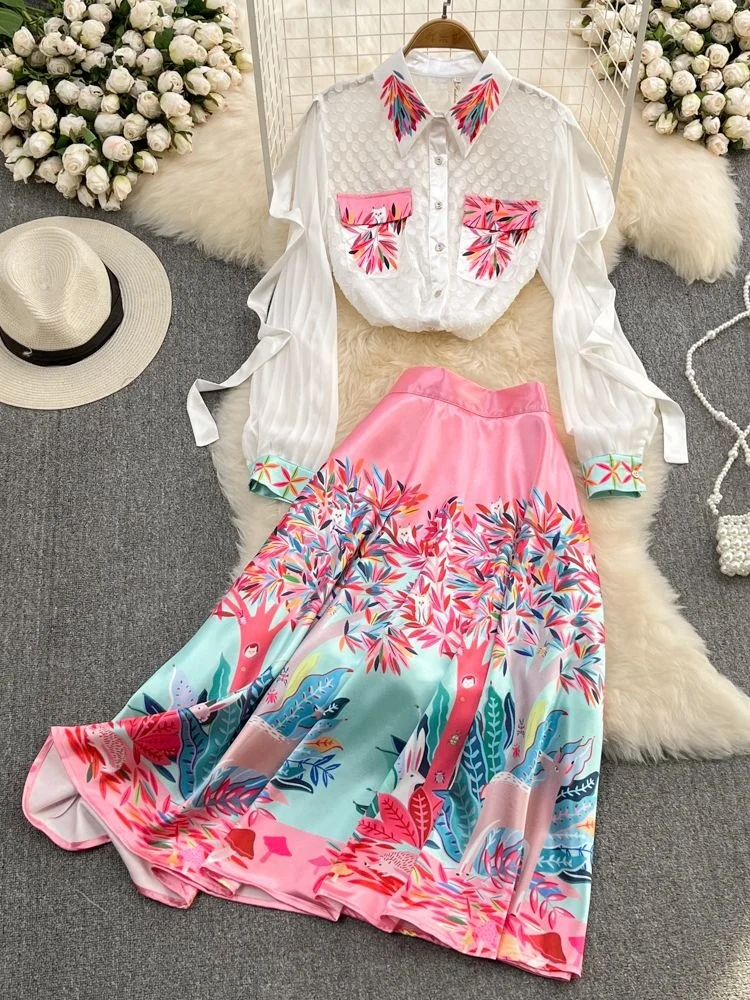 

New 2022 Fashion Runway Flower Skirt Suit Women's Dot Chiffon Ribbon Blouse Shirt + Pocket Satin Print Skirt 2 Two Piece Sets
