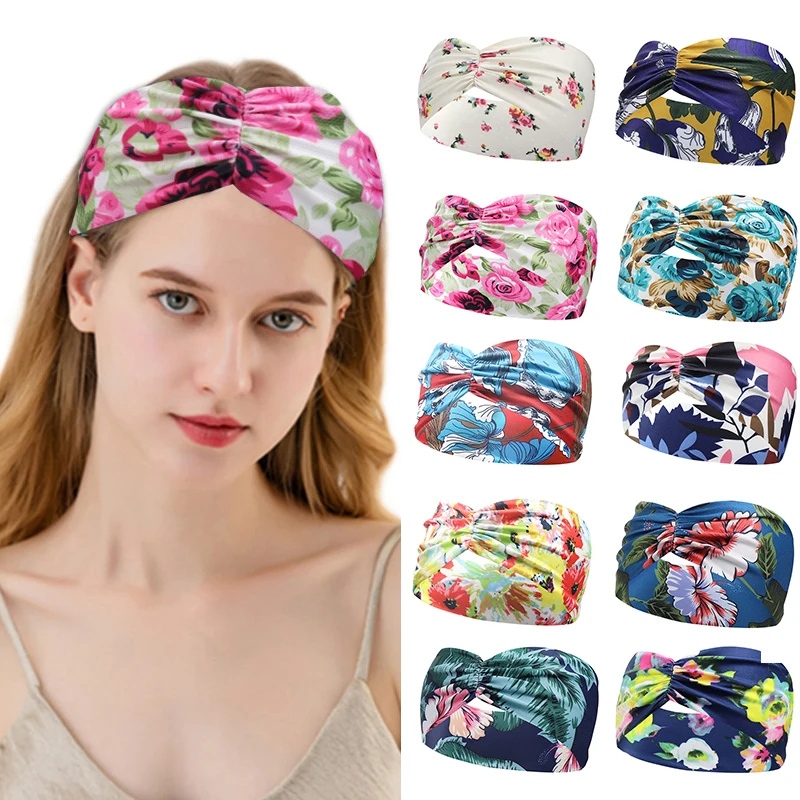 

Polyester Print Floral Turbans Headwrap Knot Wide Headbands for Women Hair Accessories Bohemian Knotted Hairband Bandana Bandage