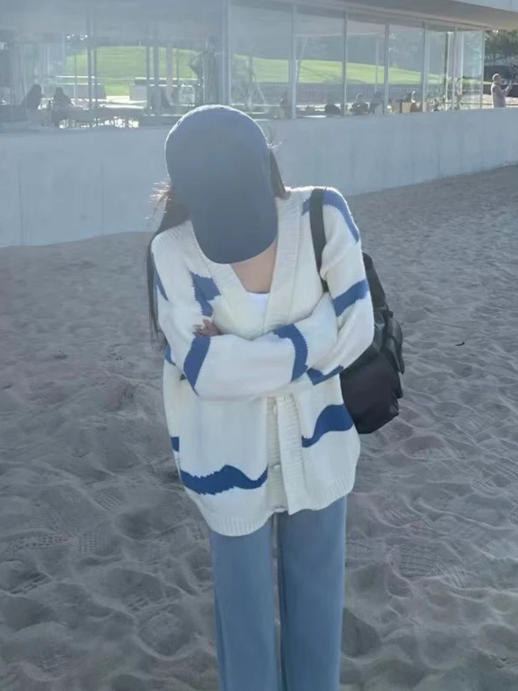 Вязаные топы для женщин полосатый женский свитер с v-образным вырезом зимний