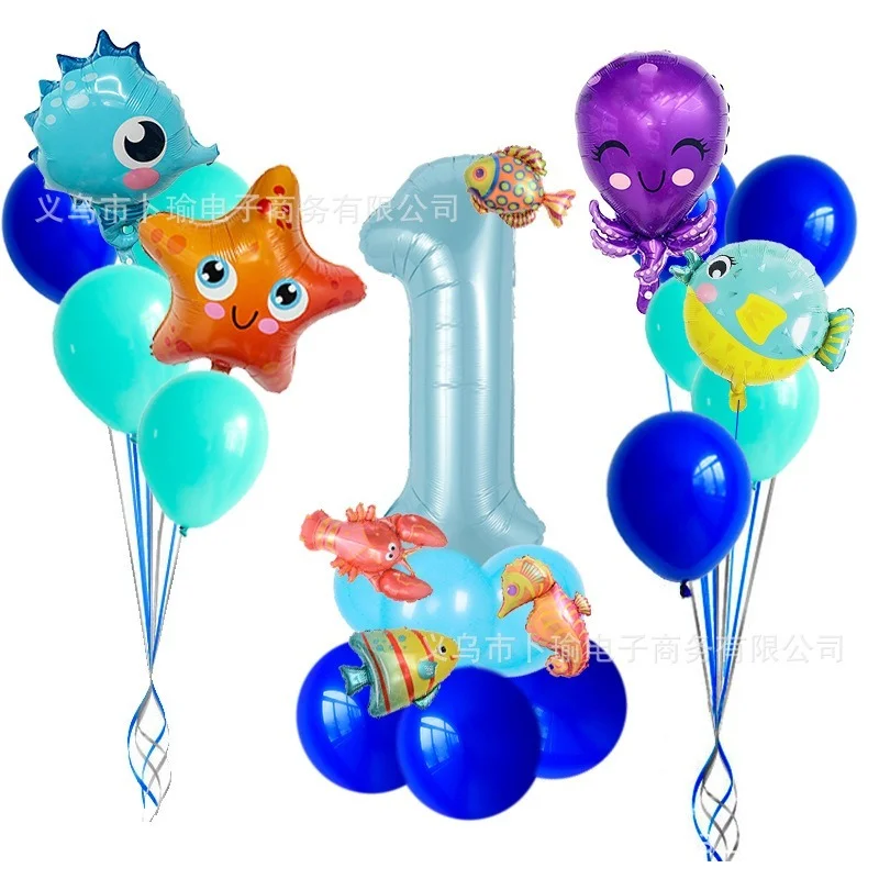 

Ocean Themed Birthday Party Balloons Set 10/12/32 Inch Blue Digital Underwater World Baby Shower Birthday Decorations Set