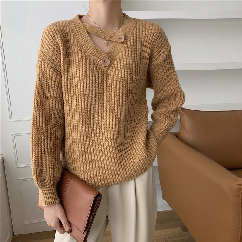 

Cheap wholesale 2021 spring autumn winter new fashion casual warm nice women v neck sweater woman female OL BPy9055