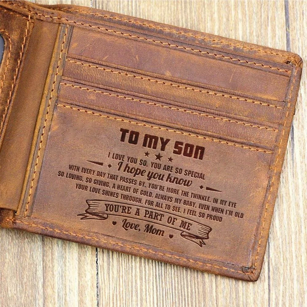 

Birthday christmas gift engraved wallet From Mon to son purse cowhide leather