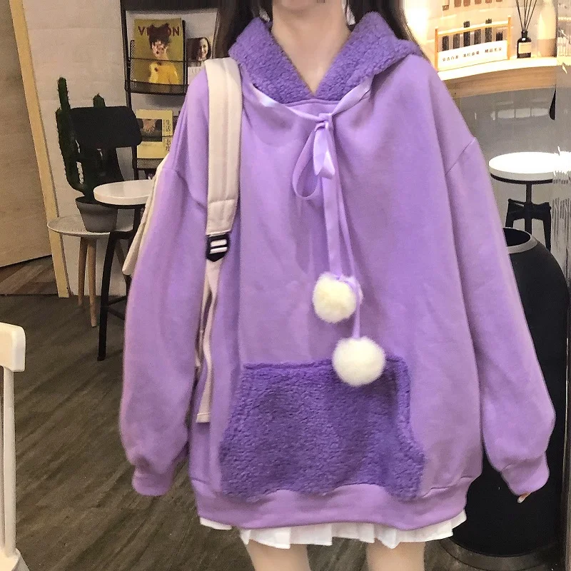 Autumn Winter Harajuku Women Sweet Hoodies Cute Rabbit Ear Hooded Pullover Girly Fashionable Loose Lace-Up Sweatshirts Outwear