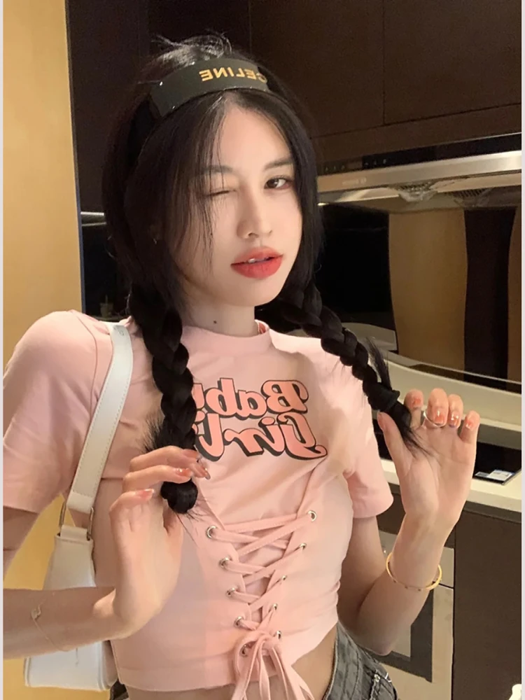 

Drawstring Y2k Short Sleeve T Shirts O Neck Letter Print Female Slim Crop Tops 2022 Vintage Fashion Summer Streetwear Camisetas