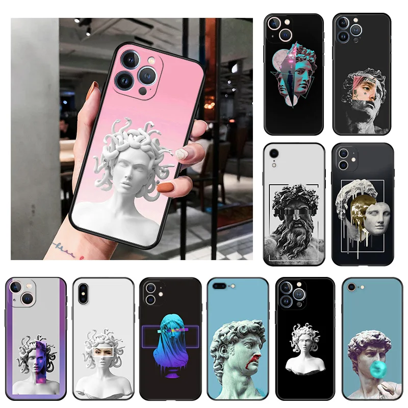 

Silicone Black Phone Cases Cover for iPhone 11 14 Pro Max 12 13 Mini XR SE 7 8 6 6s Plus XS X SE3 11Pro Medusa David Statue Art