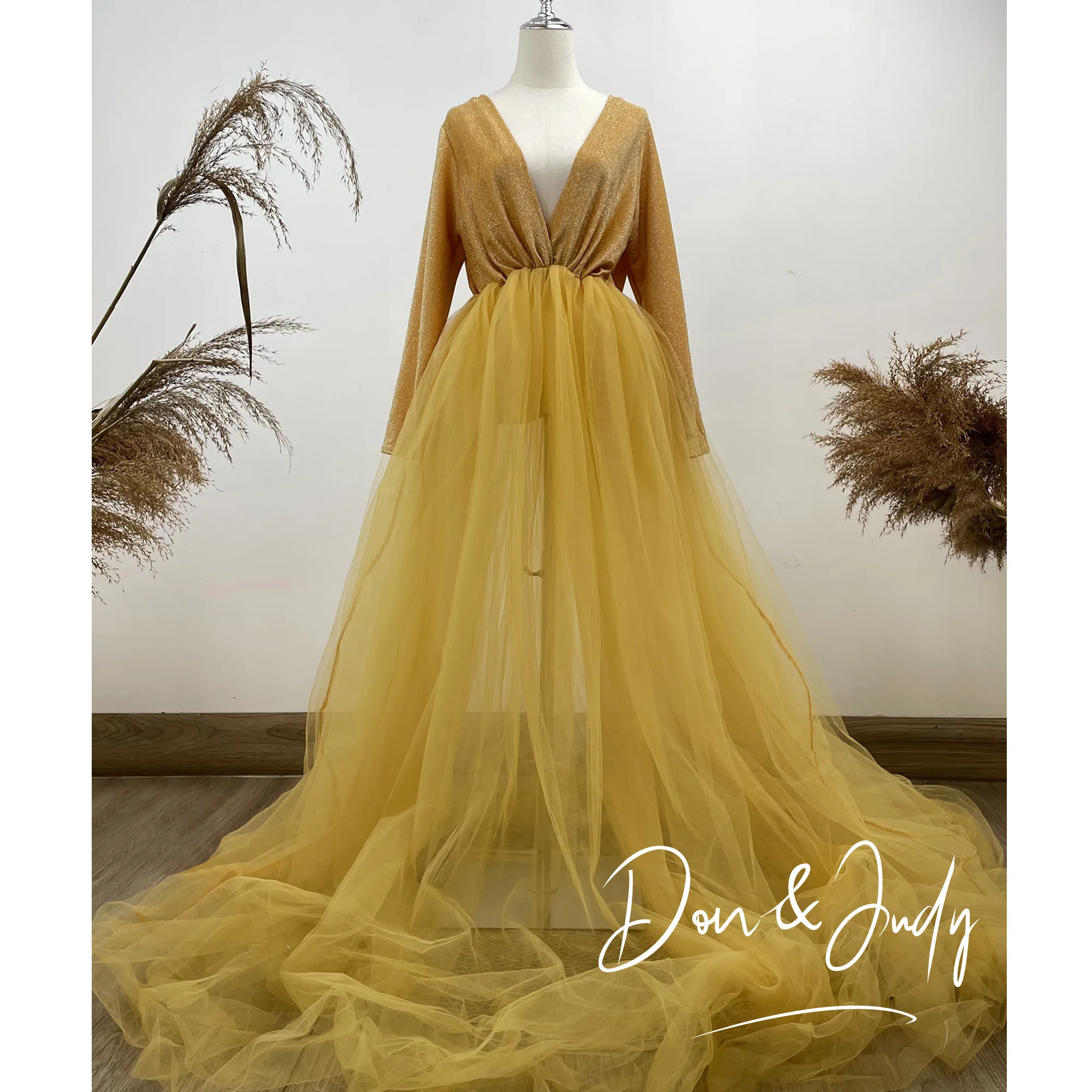 

DON&JUDY Pretty V Neck Tulle A-line Maternity Dresses Long Robes For Pregnant Women Photo Shoot Party Wedding Prom Dresses Gown