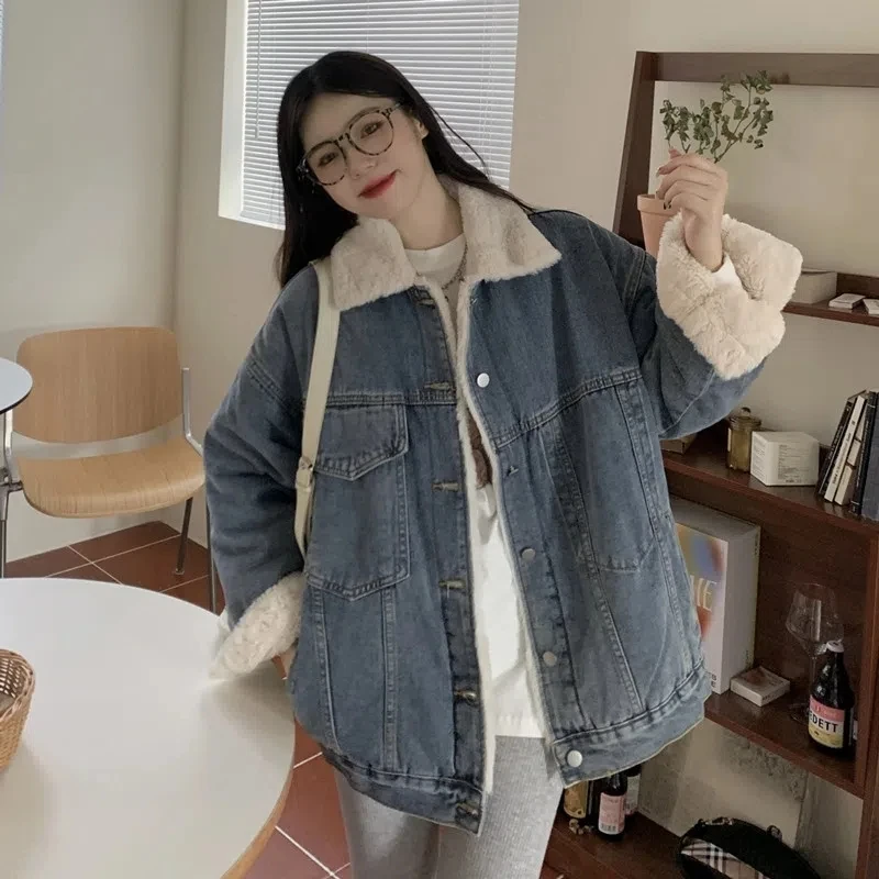 

Korean Fashion Warm Lamb Wool Jean Jackets For Women 2022 Thicken Velvet Winter Jacket Students Casual Denim d Coats Chaquetas