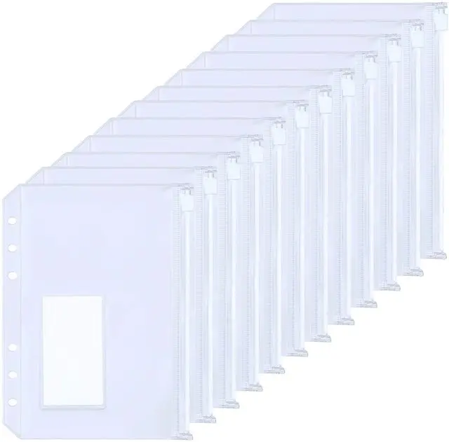 12Pcs A5/A6 Size Binder Pockets with Label PVC Cash Budget Zipper Envelopes 6-Holes Binder Pouches Folders for Notebook