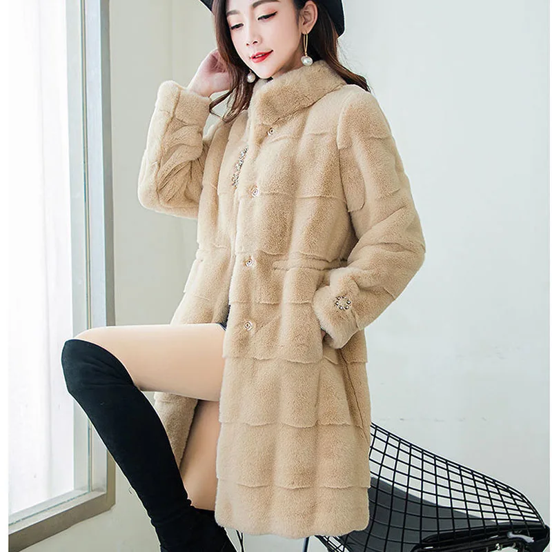 Women Clothes Mid-Length Faux Fur Coat Winter Stand Collar Long Sleeve Female Thick Warm Soft Furry Overcoat Manteau Femme Hiver