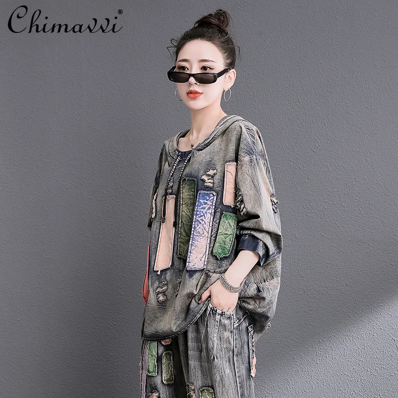 Streetwear Casual Two-Piece Sets 2023 Spring and Autumn Fashion Plus Size Loose Pullover Top Trousers Personality Denim Suit
