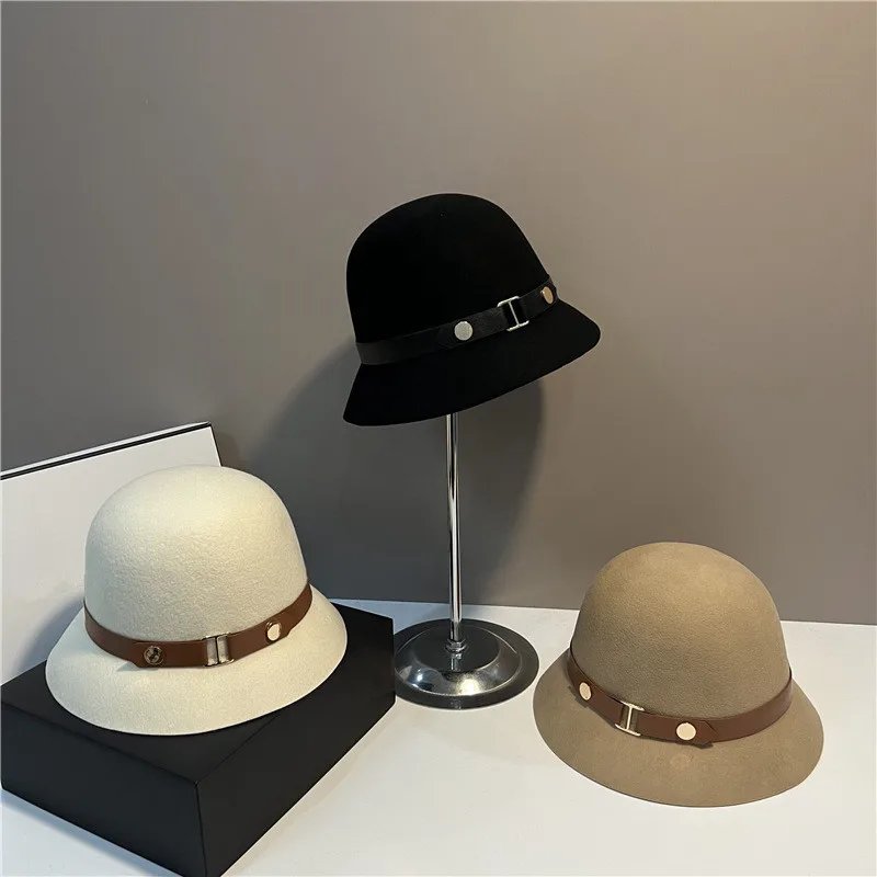 

202209-xiaoli dropshipping winter British Metal belt buckle decoration wool felt small brim lady bucket cap women fishermen hat