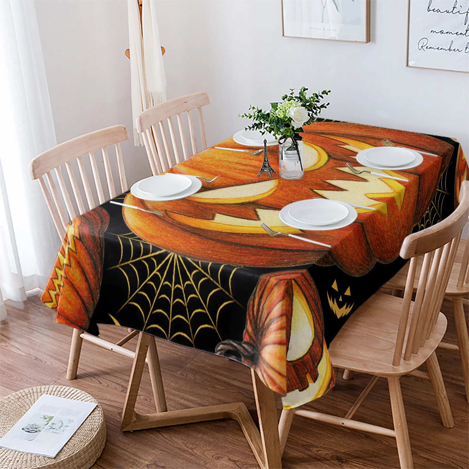 

Autumn Halloween Pumpkin Maple Leaf Table Cloth Waterproof Dining Tablecloth Kitchen Decorative Party Table Cover