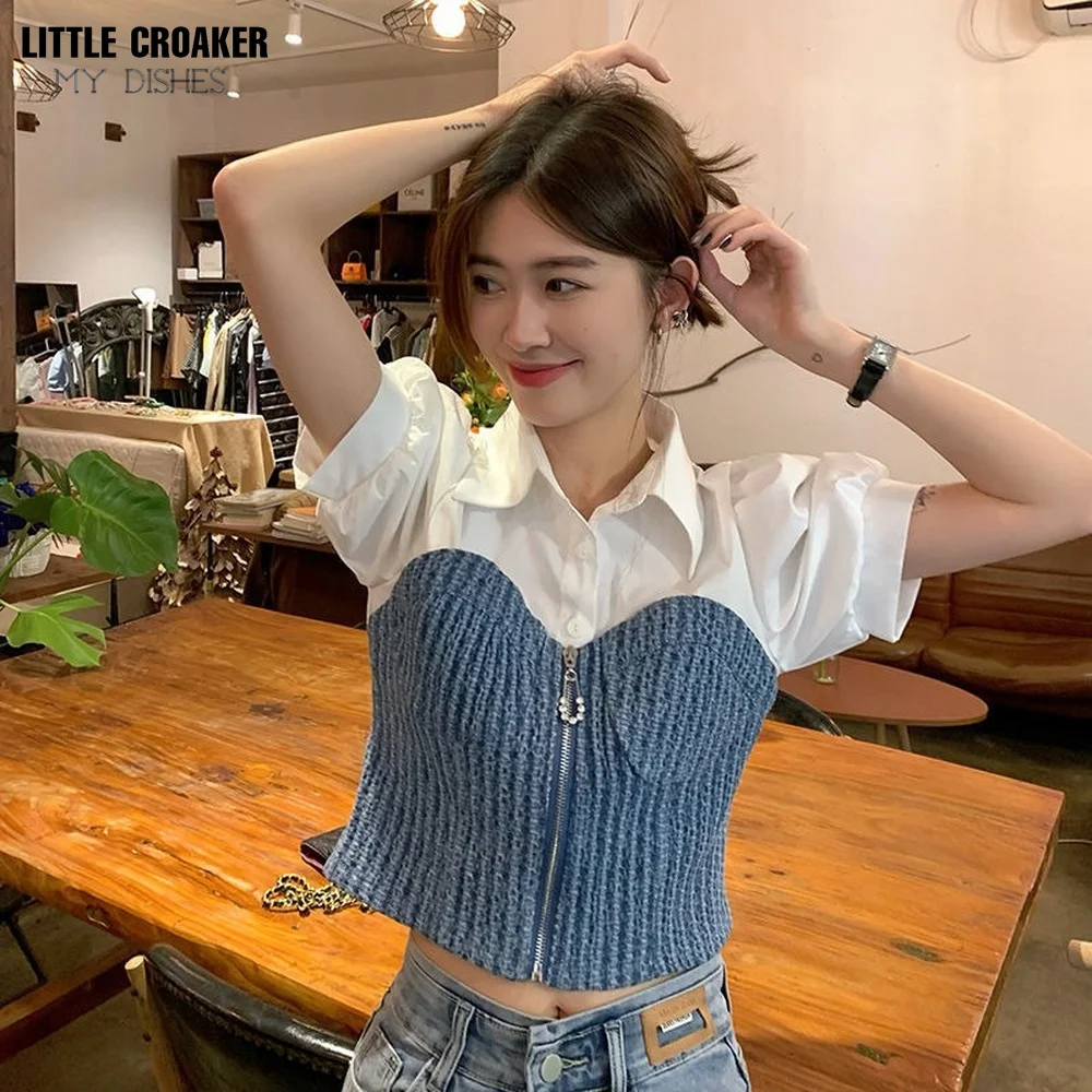 

Korean Chic Vintage Patchwork Single-breasted Shirt Women Tops Puff Sleeve Turn-down Collar Summer Women Blouse Blusas Fashion