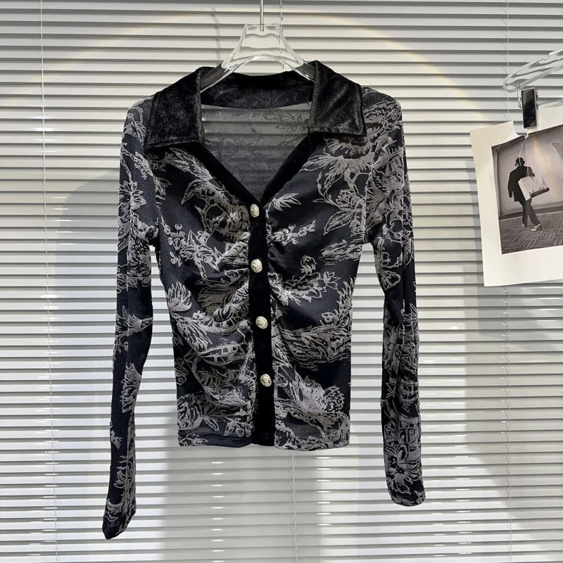 

BORVEMAYS Slim Mesh T-shirt Patchwork Jacquard Pattern Temperament Lapel Single-breasted 2023 Autumn Pleated Tops WZ5529