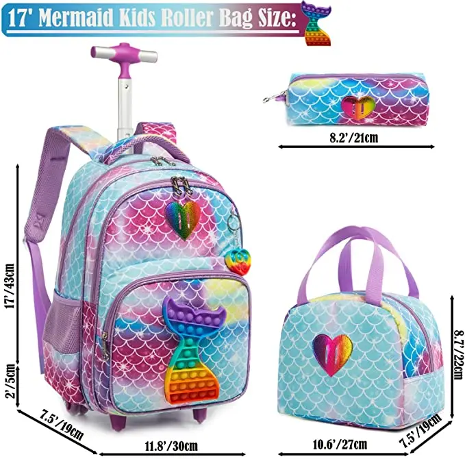 Children 3pcs Schoolbag set with Wheels School Trolley Bag with lunch bag School Rolling Backpack Set Wheeled backpack for girls images - 6
