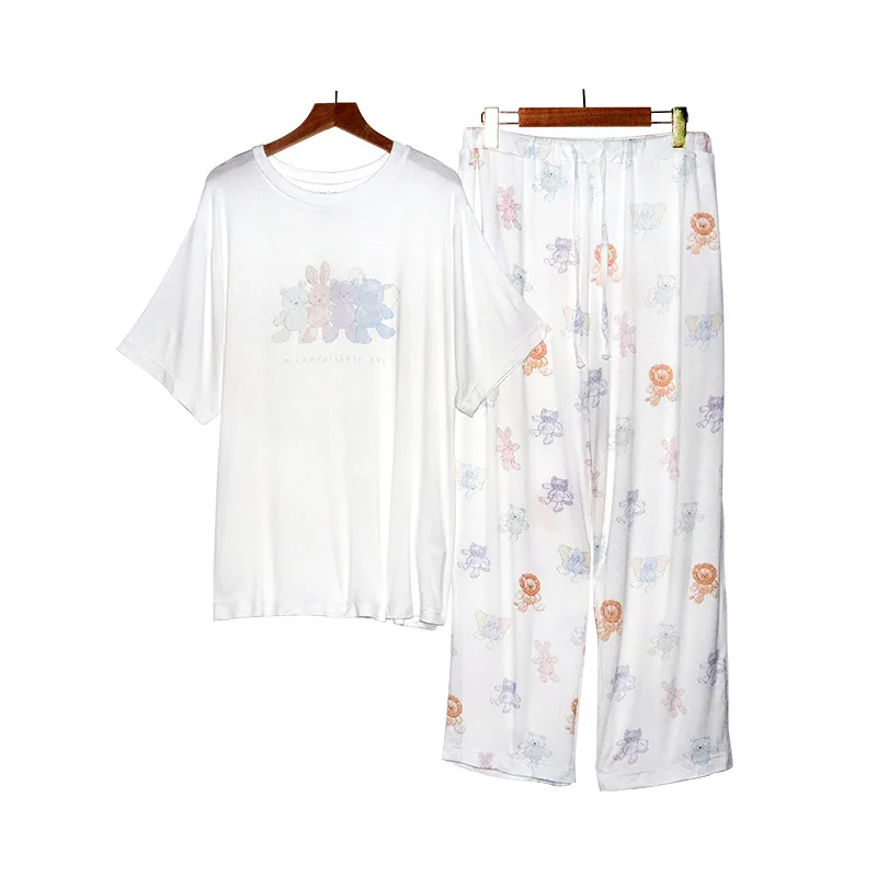 

Cute Colorful Animals Printing Women's Pants Pajamas Set Loose Round Neck Short-sleeved Long Trousers Pajamas Home Clothes