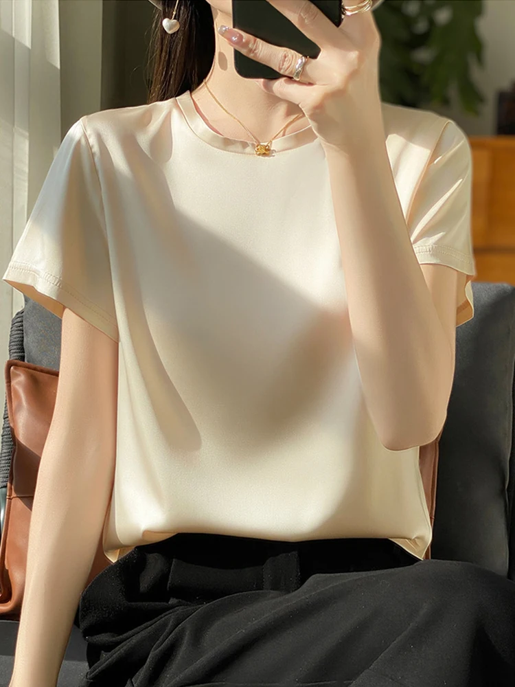 Silk Satin Short Sleeve T-Shirt Women's 2025 Summer New Arrival Loose Slim Looking Half-Length Thin Top ... |