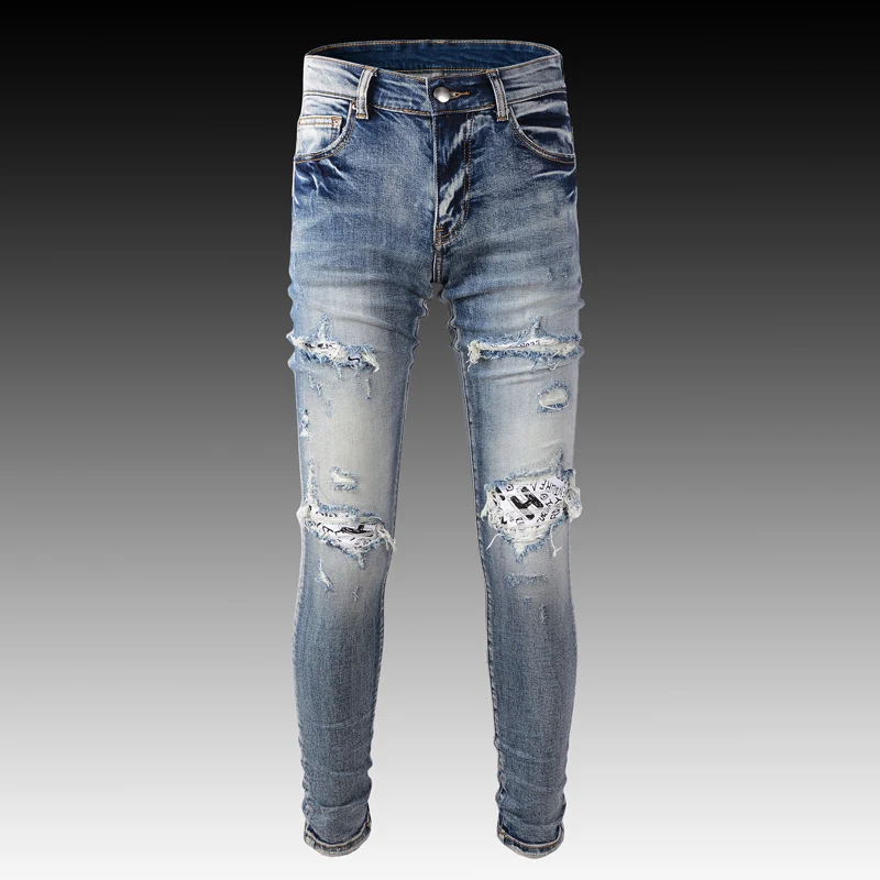 Fashion Streetwear Men Jeans Light Gray Blue Elastic Slim Fit Destroye Ripped Jeans Men Patch Designer Brand Hip Hop Punk Pants