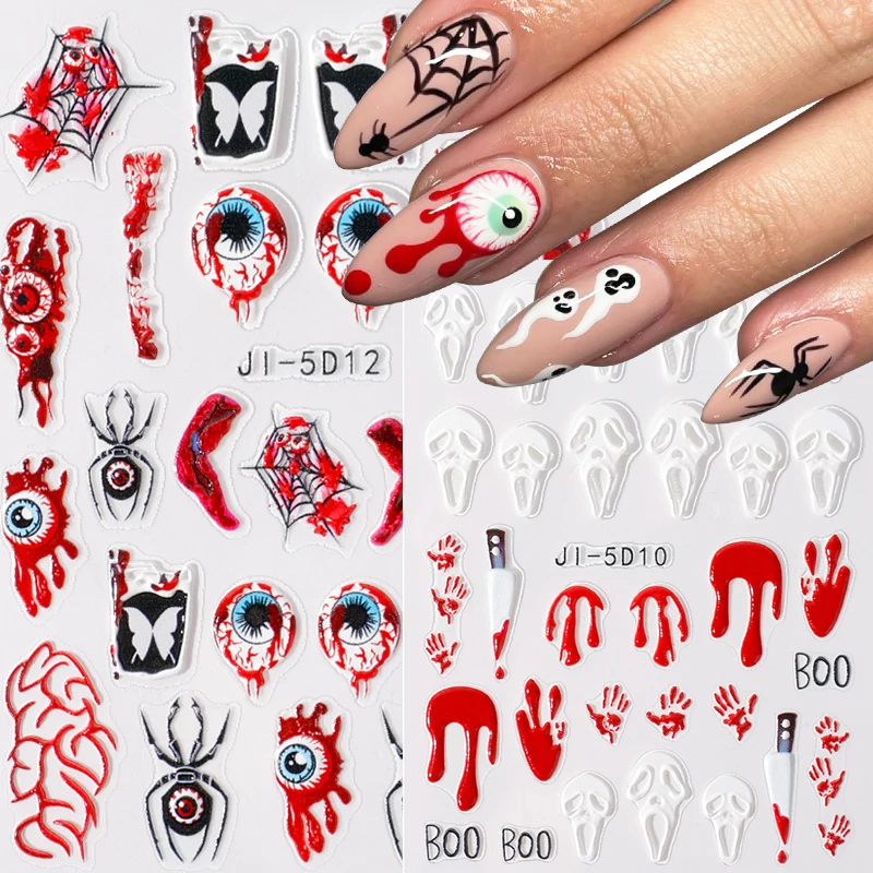 

5D Carved Skull Halloween Nail Art Stickers Horror Bloody Bone Clown Spider Adhesive Slider Paper Festival Party DIY Nail Decals