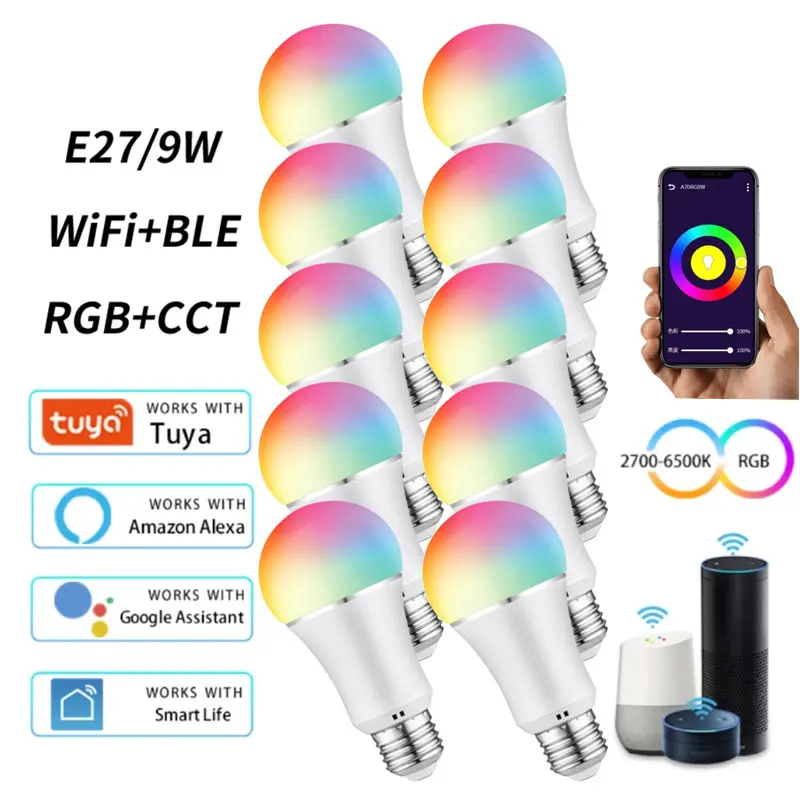 

WiFi RGB E27 9W LED Smart Light Bulb Colour Changing Lamp Voice Control Alexa Alice Google Home Assistant APP Remote Dimmable