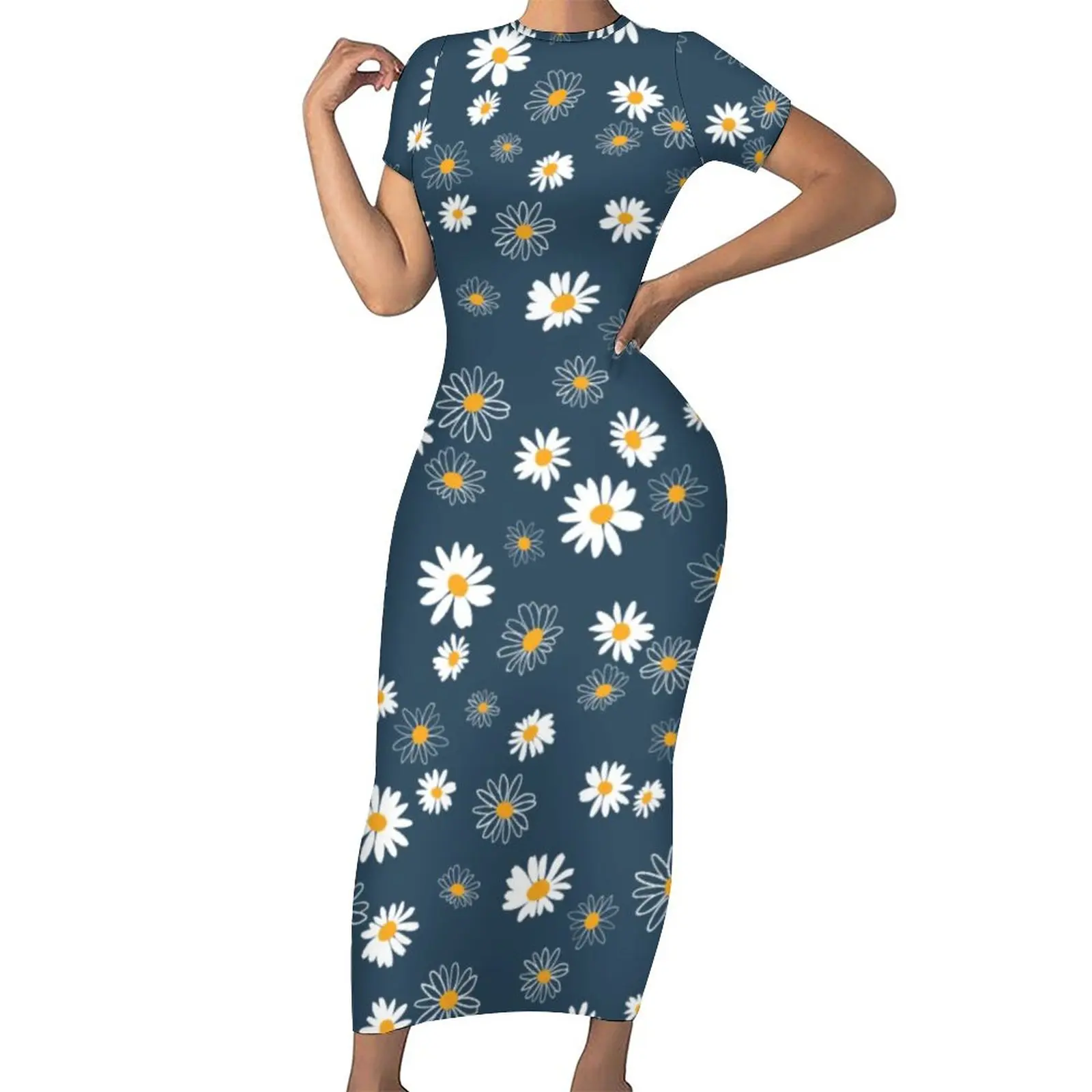 

Daisy Flowers Dress Short Sleeve White Floral Print Korean Fashion Maxi Dresses Night Club Bodycon Dress Ladies Oversize Vestido