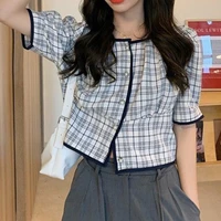 vintage button up plaid ladies short sleeve tshirts tops 2021 summer women o neck puff sleeve t shirts female all match clothing