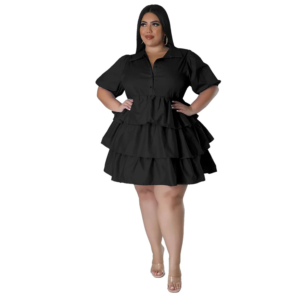 Plus Size Summer Women Casual Cake Dress Short Sleeves Turn Down Neck Ruffles Fashion Party Dress Loose Style 3xl 4xl 5xl 6xl