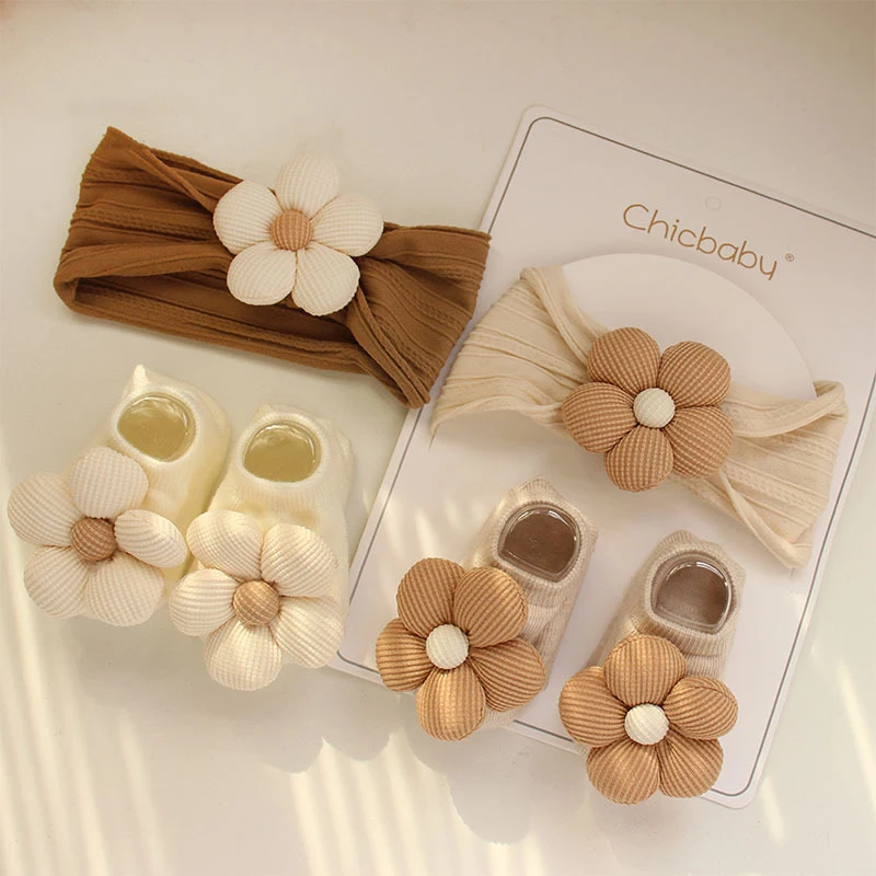 

2Pcs Flower Baby Headband Socks Set Soft Nylon Hairband for Newborn Girl Elastic Floral Turban Short Sock Infant Headwear