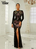 yesexy 2022 new dresses long sleeve padded sequin maxi floor length micro stretch slit formal evening dress vestido robe black