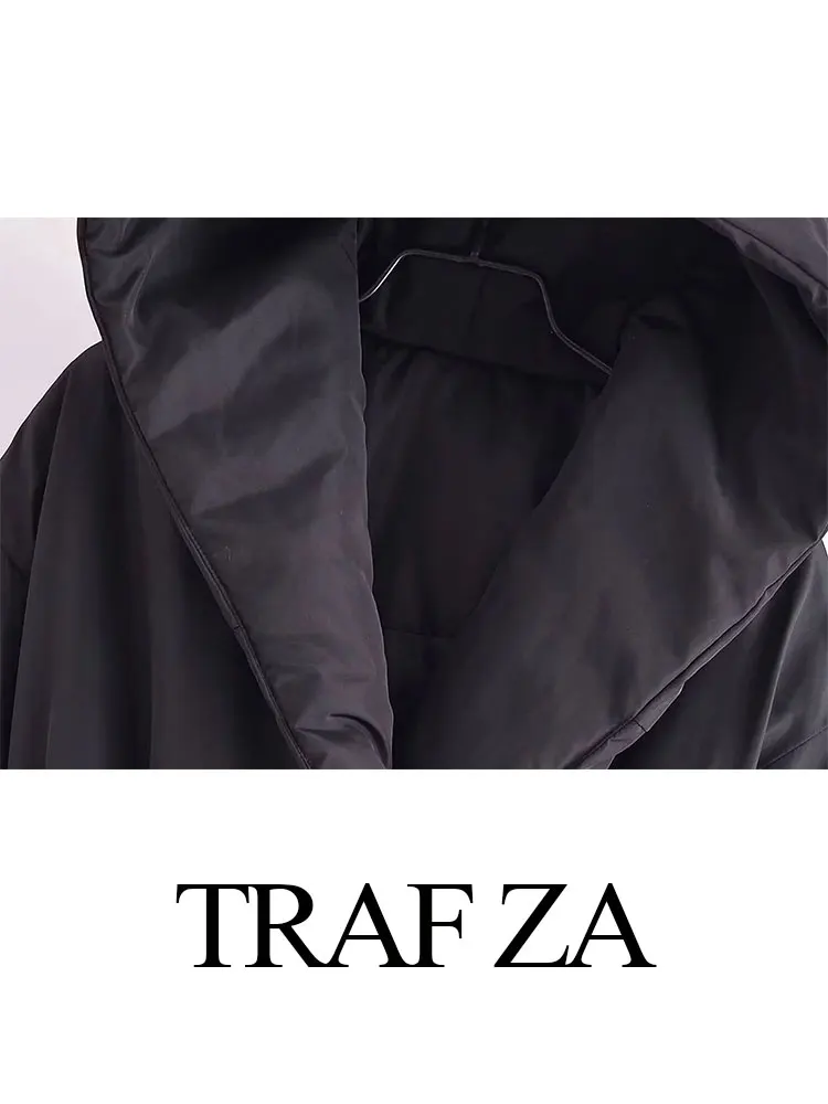 TRAF ZA Winter Women's Hooded Cotton Belt Coats Solid Vintage Warm Thick Loose Long Jacket 2022 Fashion Female Chic Outerwear
