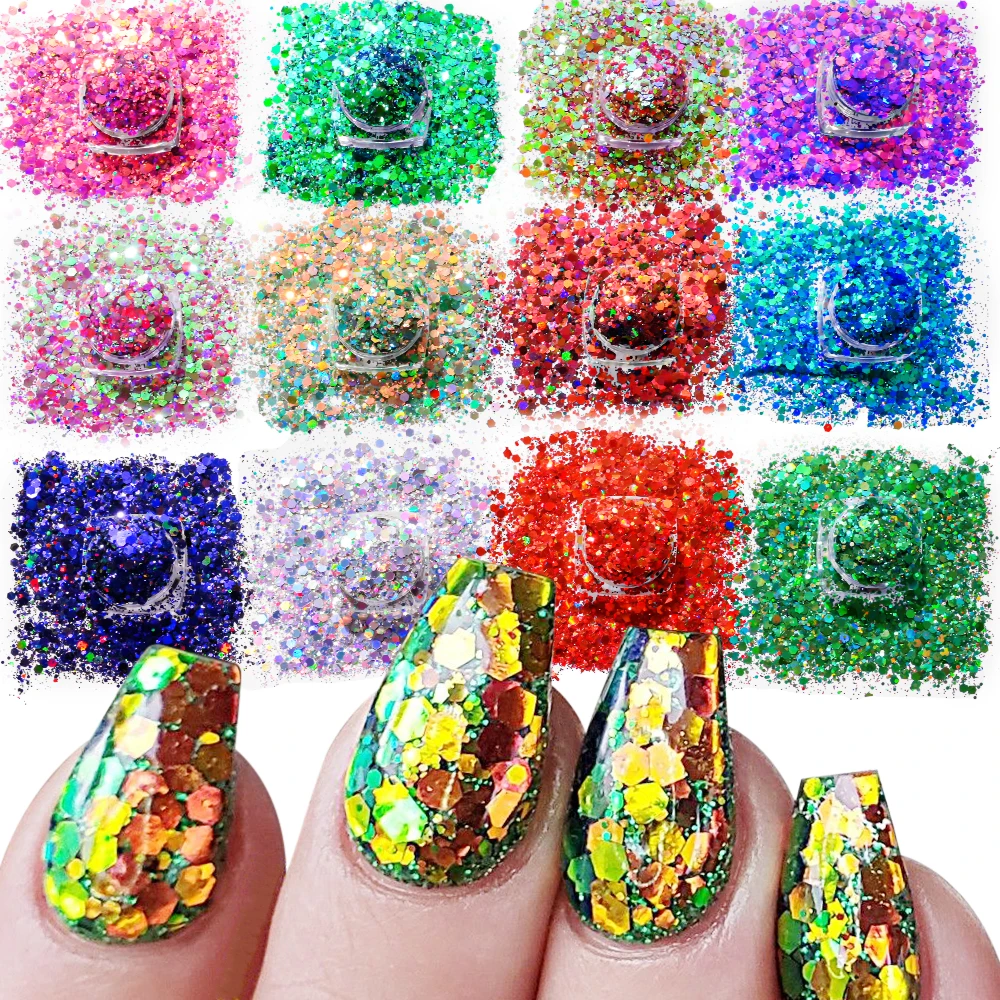 12-kolorowy zestaw cekinów do paznokci Chameleon Syrenka Lustro Sześciokątne płatki brokatowe 3D Paillette Laser Spangles Manicure Końcówki