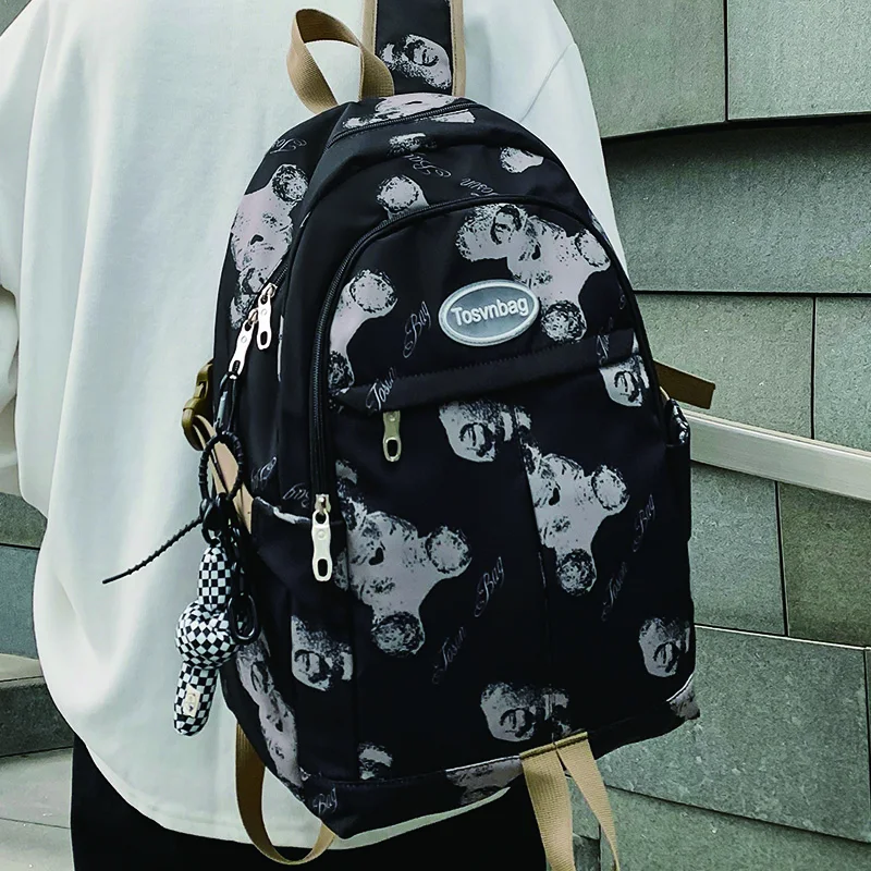 

2023 Black Women's Backack Cute Bear Teenagers Nylon Schoolbag Student Neutral Style Large Capacity Bookbag Casual Lady Rucksack