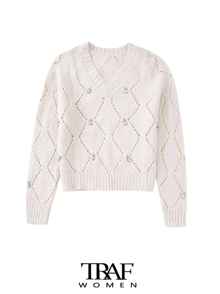 

TRAF Women Fashion With Beaded Argyle Knit Sweater Vintage V Neck Long Sleeve Female Pullovers Chic Tops