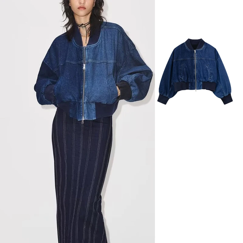 

TRAF 2023 New Womens Denim Jacket Cropped Bomber Jackets For Women Long Sleeve Loose Autumn Jacket Zip Up Denim Short Coats