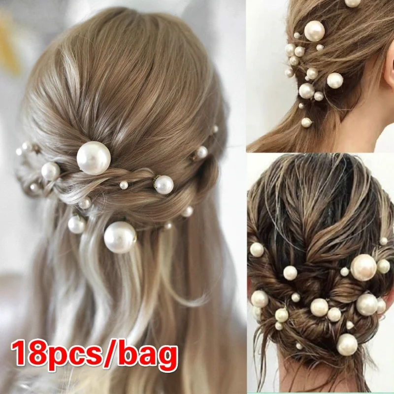 

18 Pcs/Bag Wedding Tiara Disc Hair Elegant Pearl Hair Fork Bride U-shaped Hairpin Hair Comb Bead Hair Clip Accessories