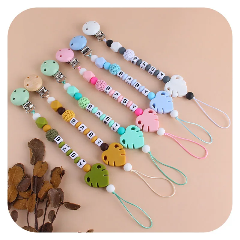 Baby Pacifier Clips Chain Silicone Leaf Beads Teether Toys Dummy Holder English Name Pacifier Chain Gift Customized Name