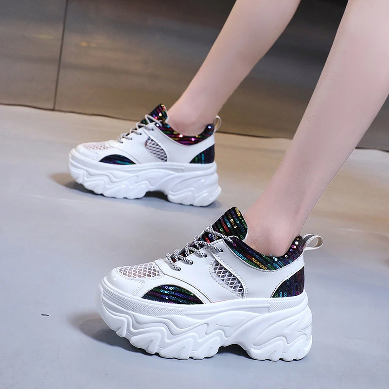 

Кроссовки женские сетчатые на шнуровке, Спортивная Вулканизированная подошва, Повседневная Удобная обувь для бега, блестящие, серебристые,...