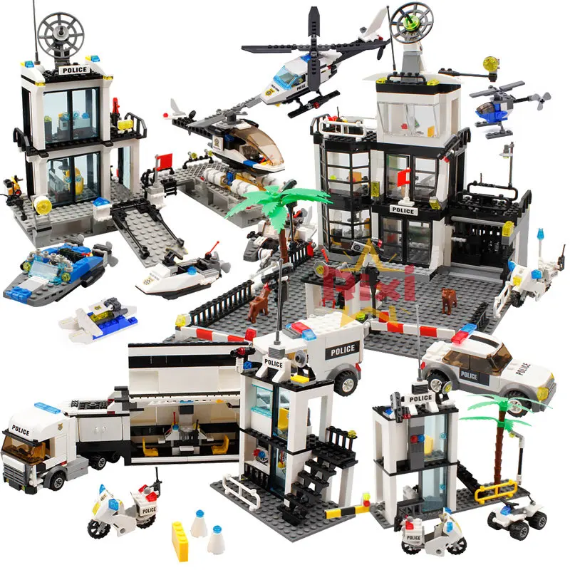 

City Maritine Police Station Building Blocks Prison Truck Helicopter Boat with Policemen Construction Bricks Toys for Children