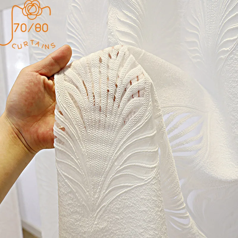 White Leaf Hollow Embroidered Window Screen Curtains for Living Room Bedroom Partition Curtain Finished Custom