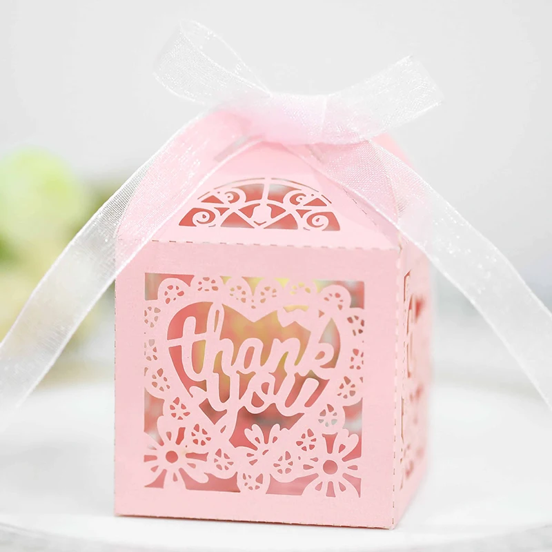 

50pcs love Thank You Candy Gift Box Paper Bags Laser Cut with Ribbon Packaging Chocolates for Wedding Party Supplies Favors