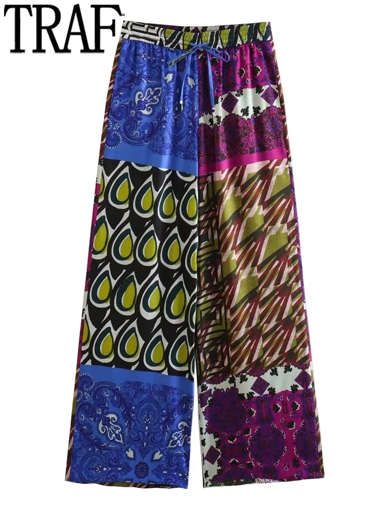 

Брюки TRAF женские с широкими штанинами, уличная одежда в стиле пэчворк, мешковатые штаны средней длины с принтом, стильные женские брюки, повседневные, летние