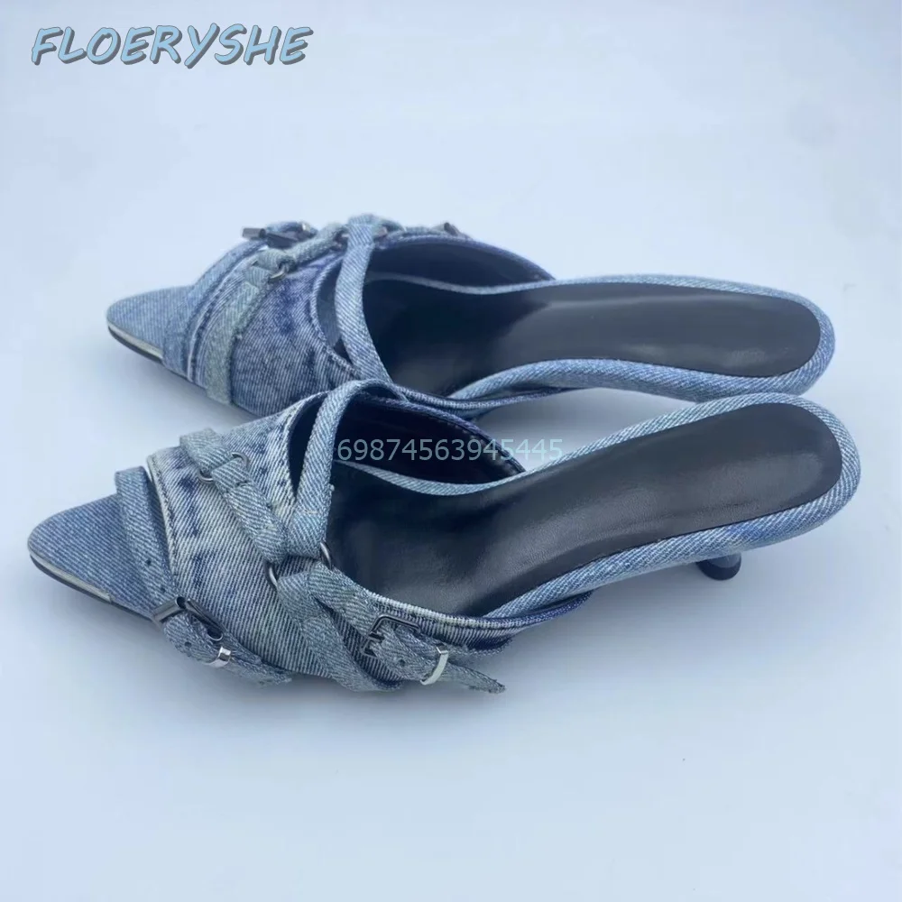 Женские ковбойские шлепанцы черные или синие с острым носком на тонком каблуке