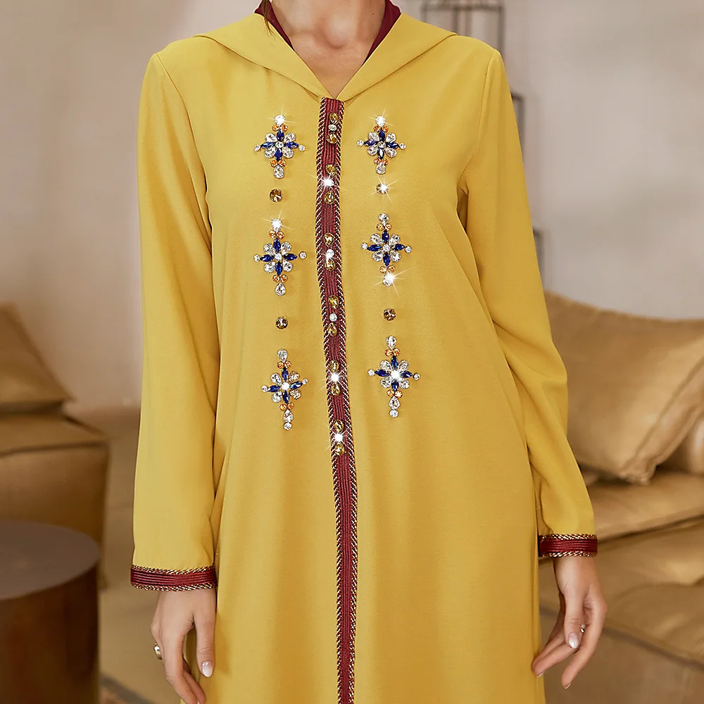 Djellaba Yellow Abaya Dubai Evening Dresses for Muslim Women Handwork Diamond Caftan Marocain Robe Arabe Femme Musulman Vestidos