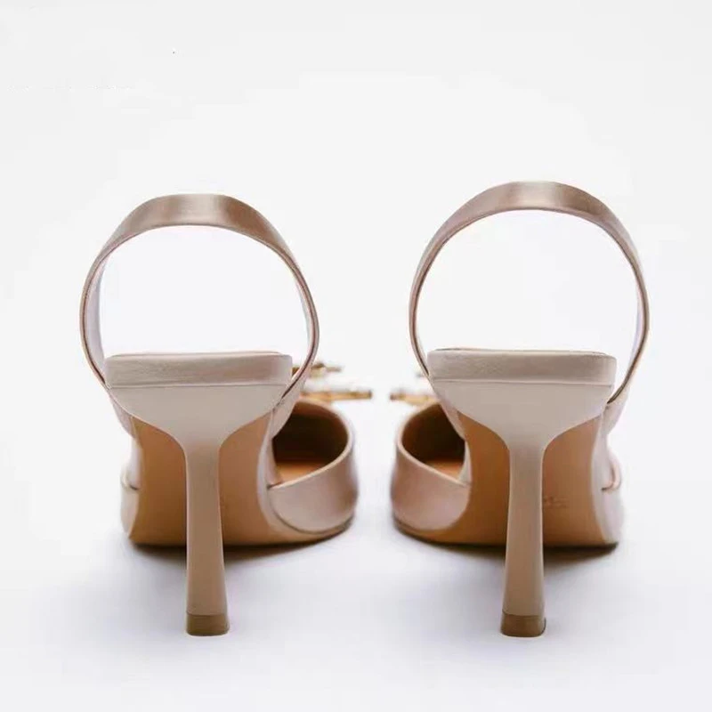 Сандалии женские с острым носком туфли-лодочки телесного цвета бриллиантами