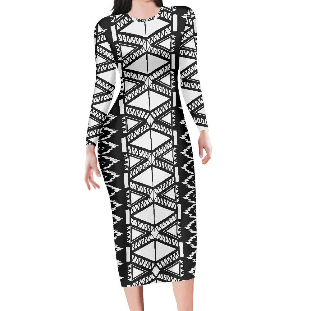 

Black And White Abstract Geometric Pattern Print Blue Dress Summer Spring Autumn Sexy O-Neck Long Sleeve Bodycon Maxi Dress