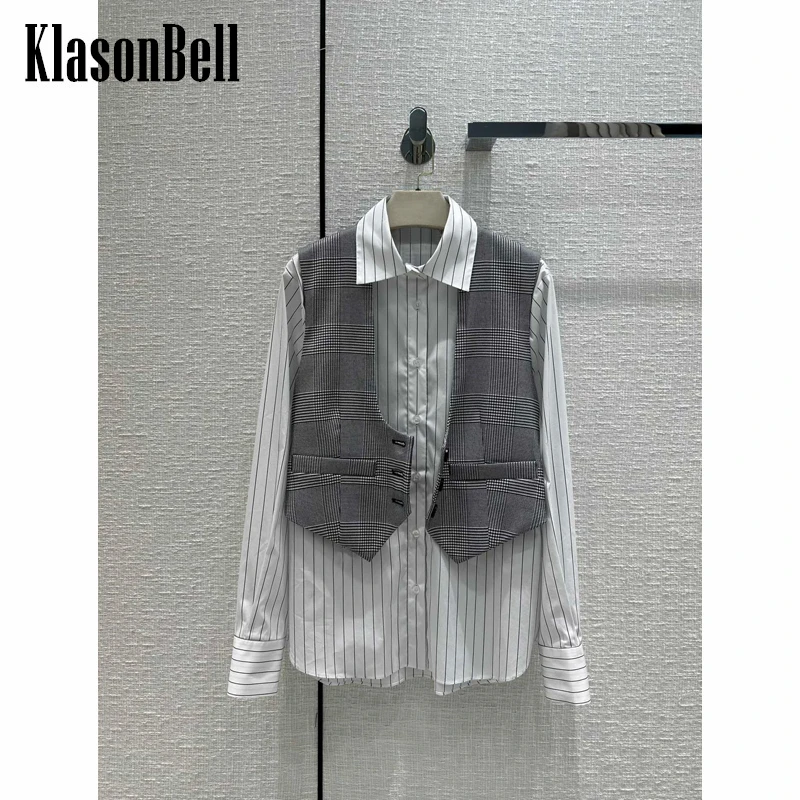 

11,14 KlasonBell однобортный клетчатый пиджак или Полосатая Вышивка Повседневная рубашка или короткий жилет без рукавов жилет комплект для женщин